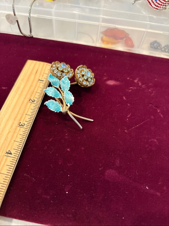 Gold-Tone Floral Brooch with Turquoise Enamel Leaves and Crystal Centers - Picture 3 of 3